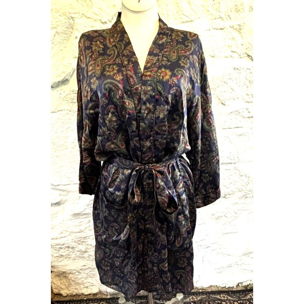 Vintage Robert Stock Silk Navy Paisley Robe Kimono Romantic Dark Academia Y2K